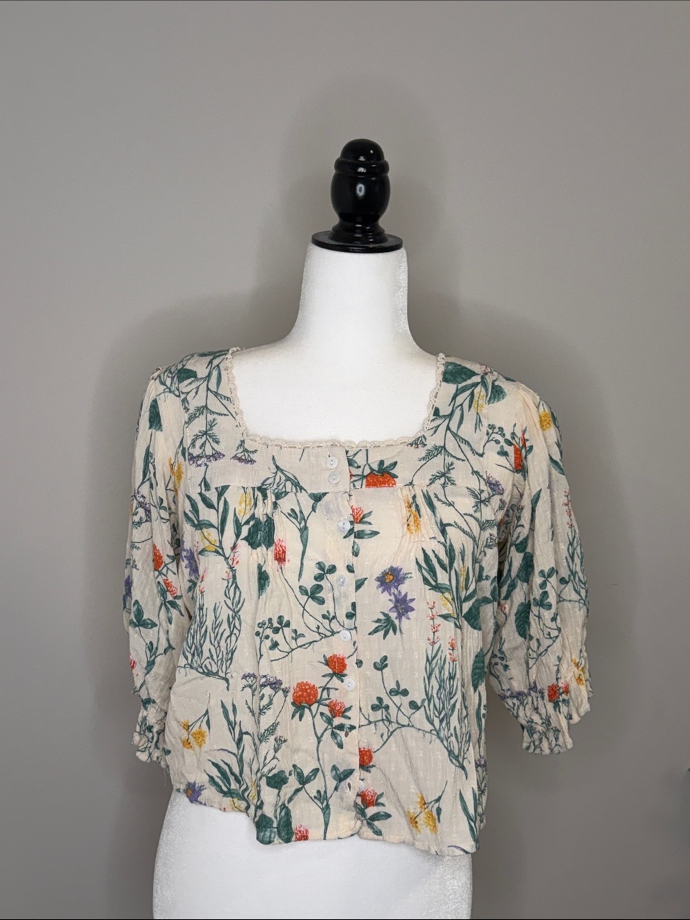 Laura Ashley Cream Botanical Floral Square-Neck Blouse